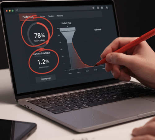Analytics dashboard highlighting key warning signs for a needed website redesign, like high bounce rate and low conversions.
