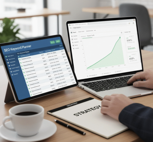 Hands analyzing SEO keyword data and website traffic analytics results on multiple devices.