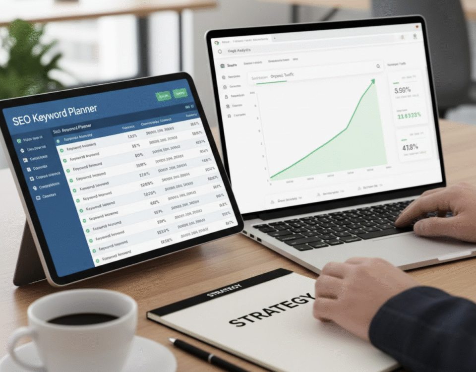 Hands analyzing SEO keyword data and website traffic analytics results on multiple devices.