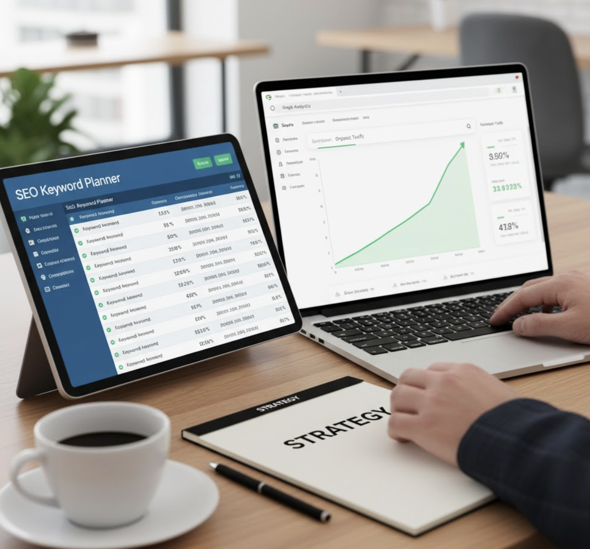 Hands analyzing SEO keyword data and website traffic analytics results on multiple devices.