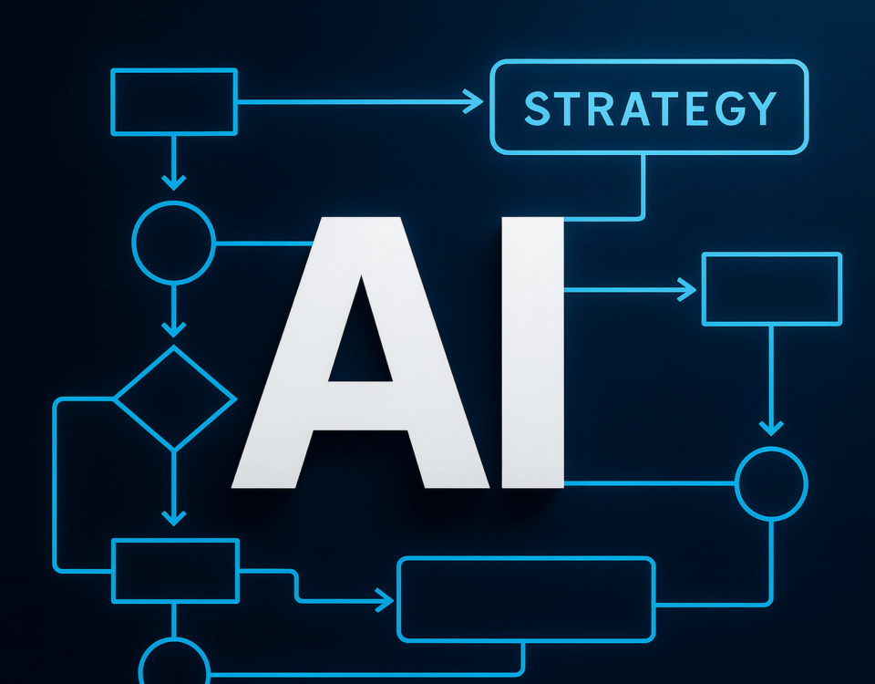 Business leader standing before futuristic AI strategy board with glowing charts and chessboard overlay, symbolizing strategic advantage through technology.