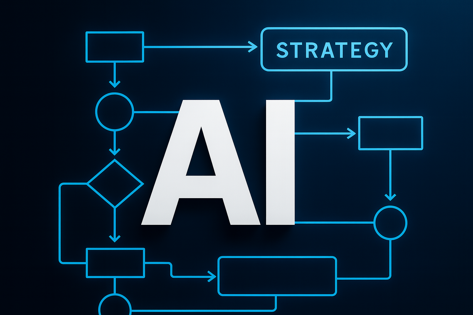 Business leader standing before futuristic AI strategy board with glowing charts and chessboard overlay, symbolizing strategic advantage through technology.