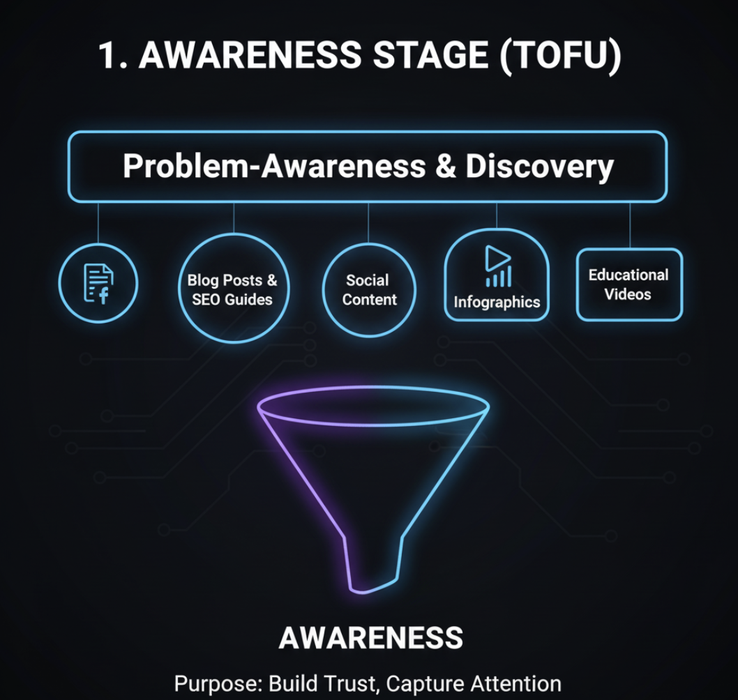 Awareness stage funnel diagram showing top-of-funnel educational content