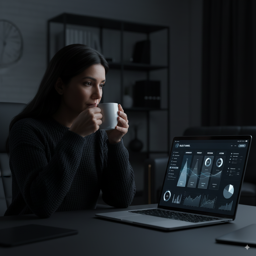 Business owner analyzing a sales funnel dashboard on laptop.png