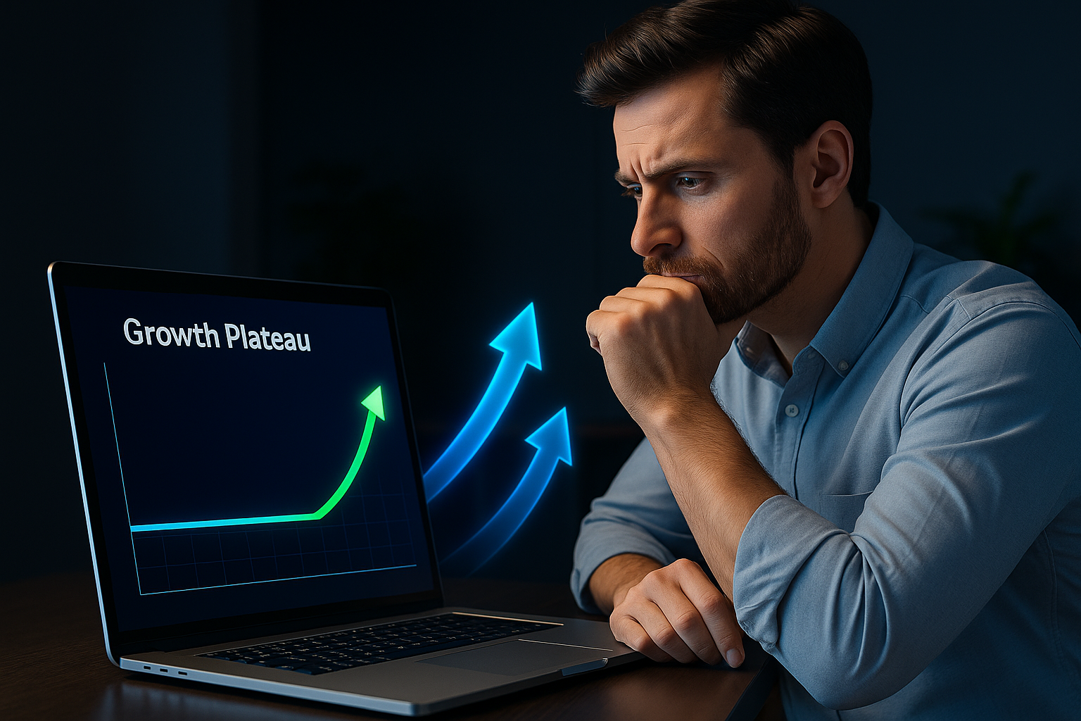Revenue chart showing a flat growth plateau line that curves upward with neon arrows, founder silhouette standing confidently in front.