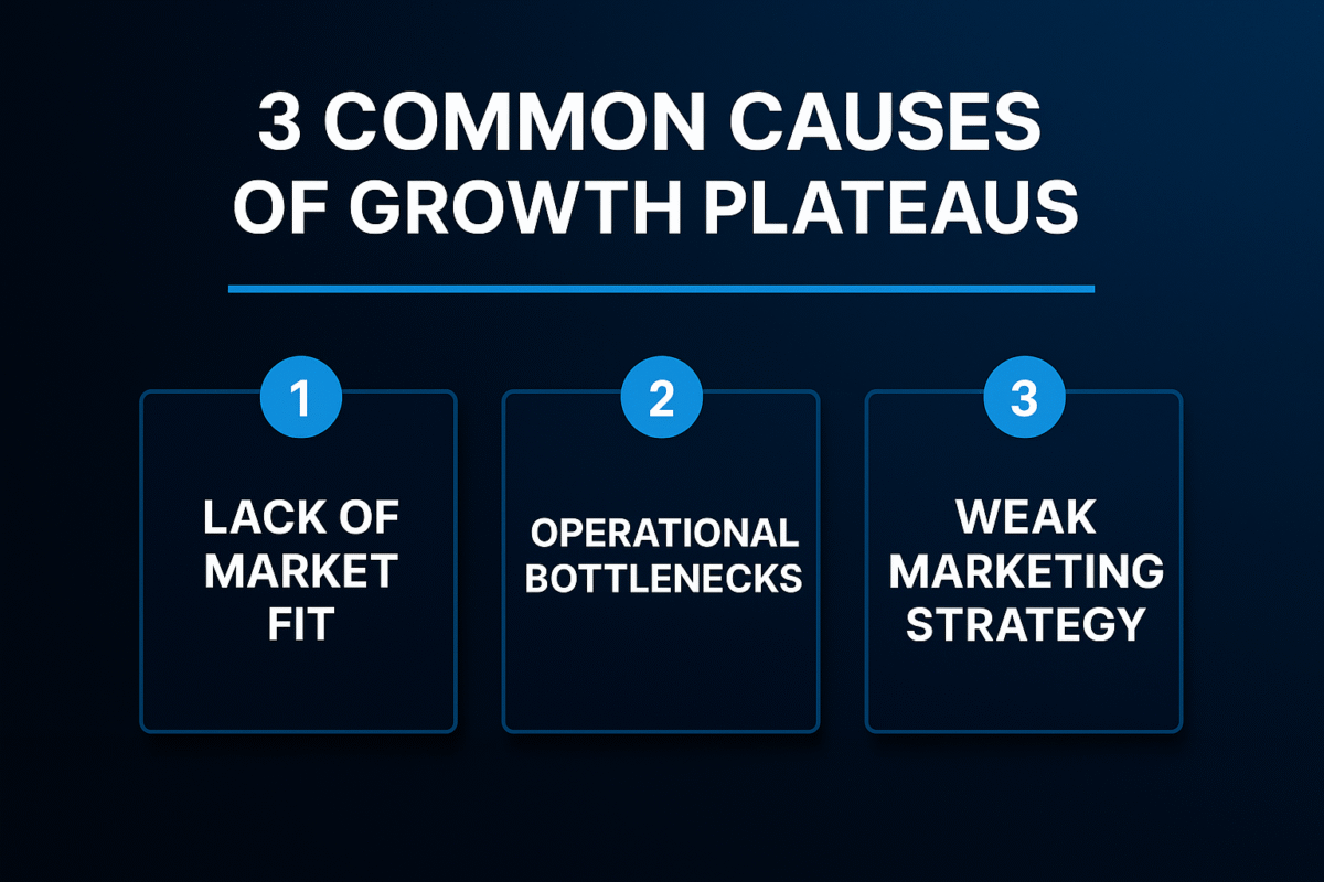 Infographic showing three causes of growth plateaus: lack of market fit, operational bottlenecks, weak marketing strategy.