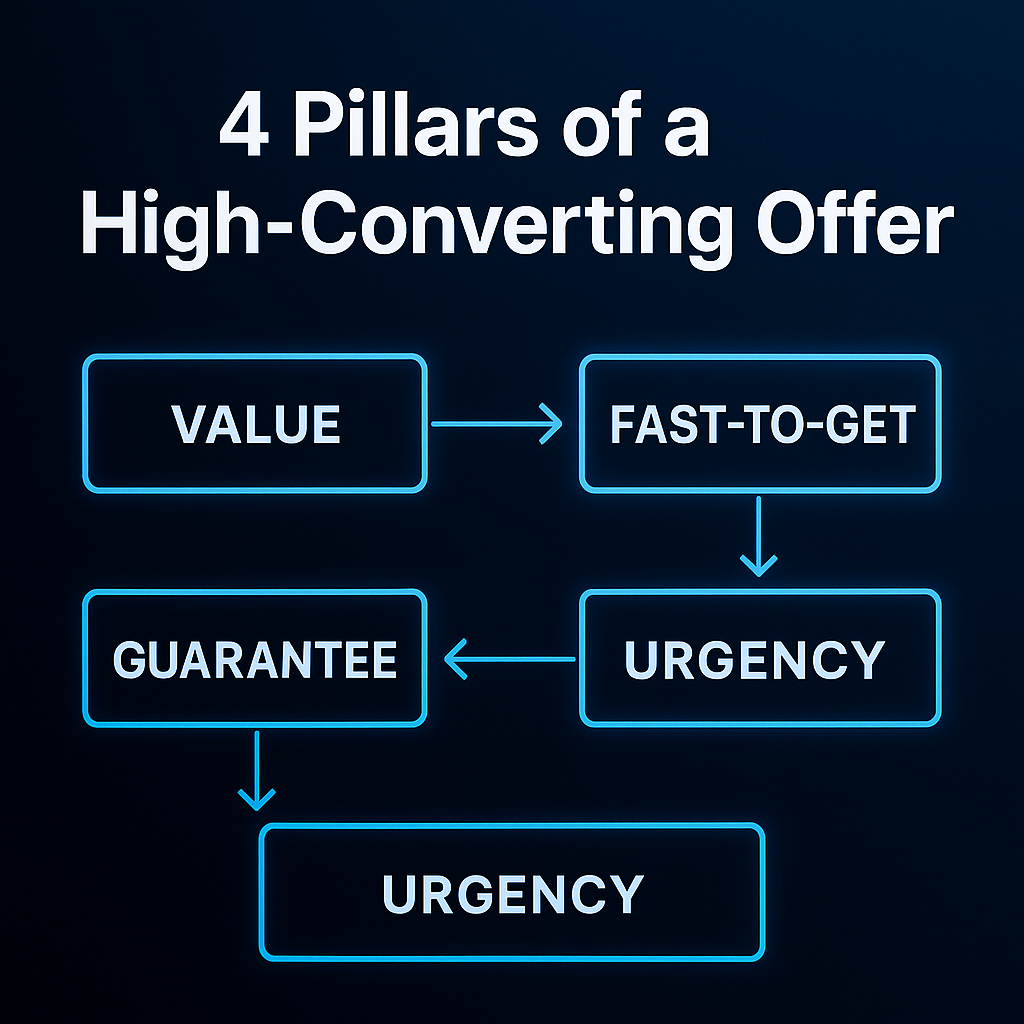 Infographic showing four pillars of high-converting offers: value, fast-to-get, guarantee, urgency.