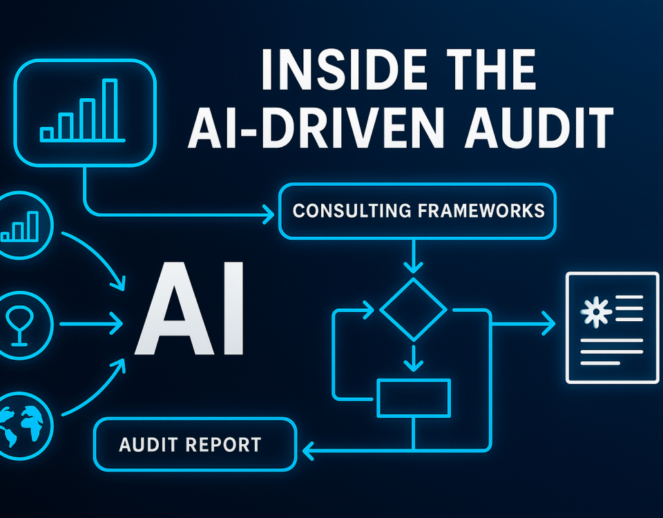 Futuristic AI engine with data streams flowing in and consulting-style reports flowing out, representing the AI-driven business audit process.