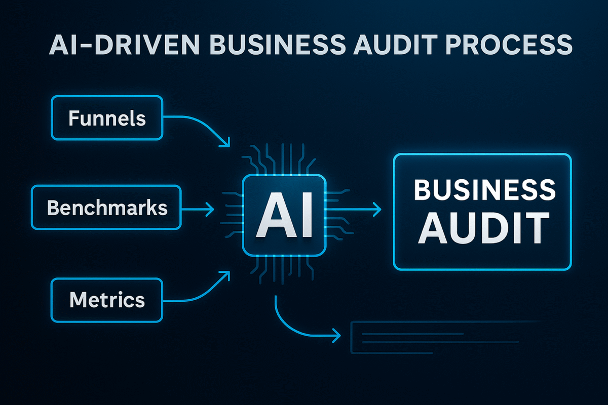 Infographic showing the AI-driven business audit process with funnels, benchmarks, and metrics feeding into an AI engine that produces a business audit.