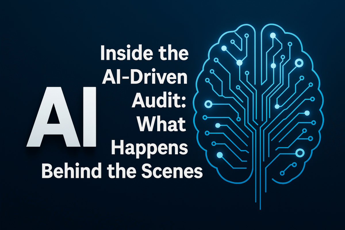 Hero image showing a glowing AI brain circuit with the title text “Inside the AI-Driven Audit: What Happens Behind the Scenes.”