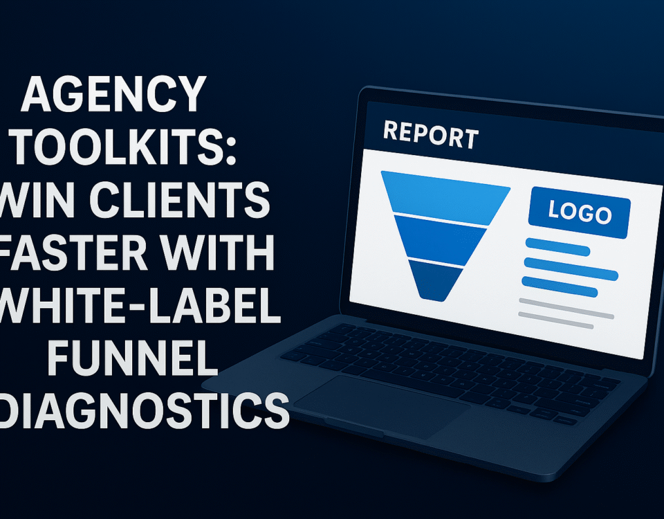 Hero image showing a laptop with a white-label funnel audit report, paired with the text “Agency Toolkits: Win Clients Faster with White-Label Funnel Diagnostics.”