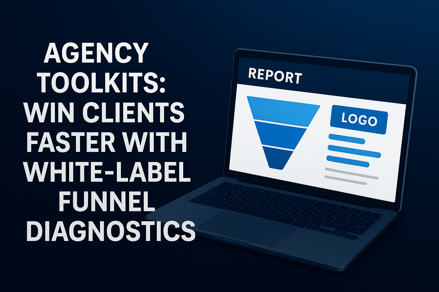 Hero image showing a laptop with a white-label funnel audit report, paired with the text “Agency Toolkits: Win Clients Faster with White-Label Funnel Diagnostics.”