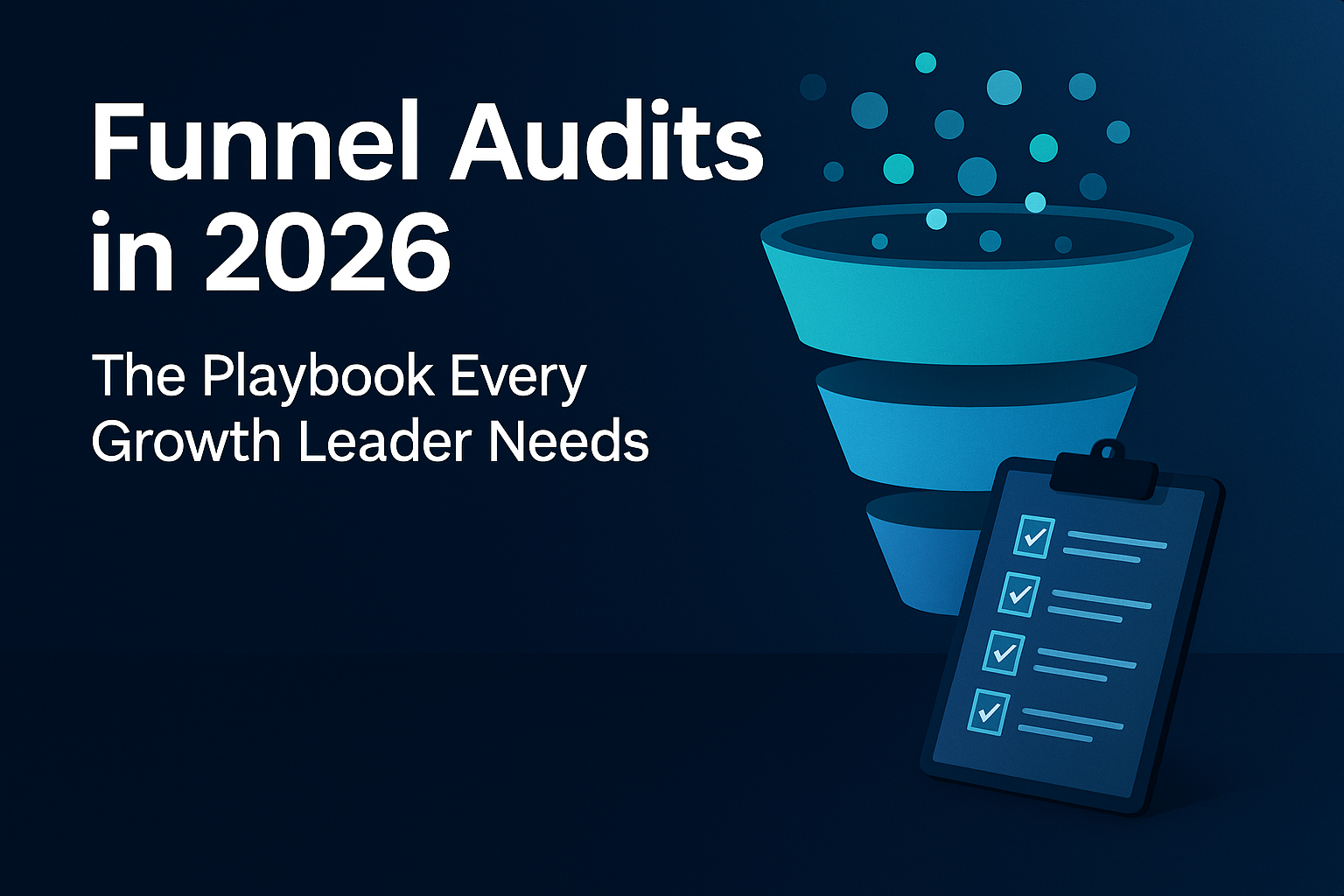 Futuristic sales funnel glowing with analytics and data streams, growth leader silhouette in front, symbolizing funnel audits and optimization in 2026.