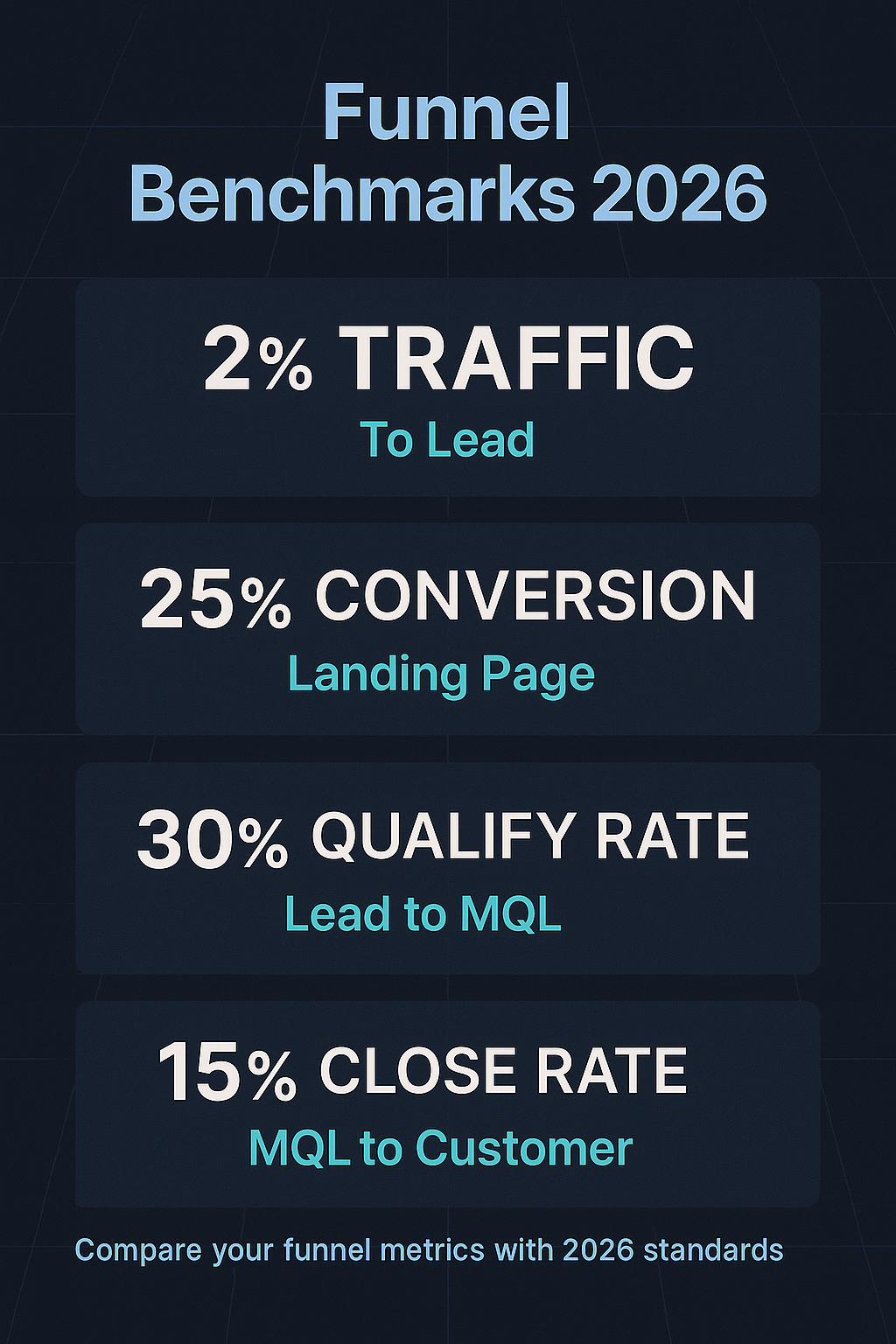 Infographic showing funnel benchmarks for 2026: traffic-to-lead 2%, landing page conversion 25%, lead-to-MQL 30%, MQL-to-customer 15%.