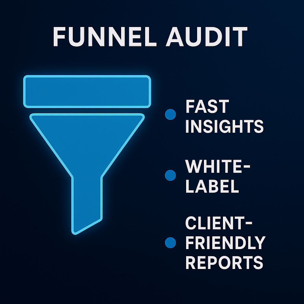 Infographic of a funnel icon with text highlighting fast insights, white-label deliverables, and client-friendly reports.