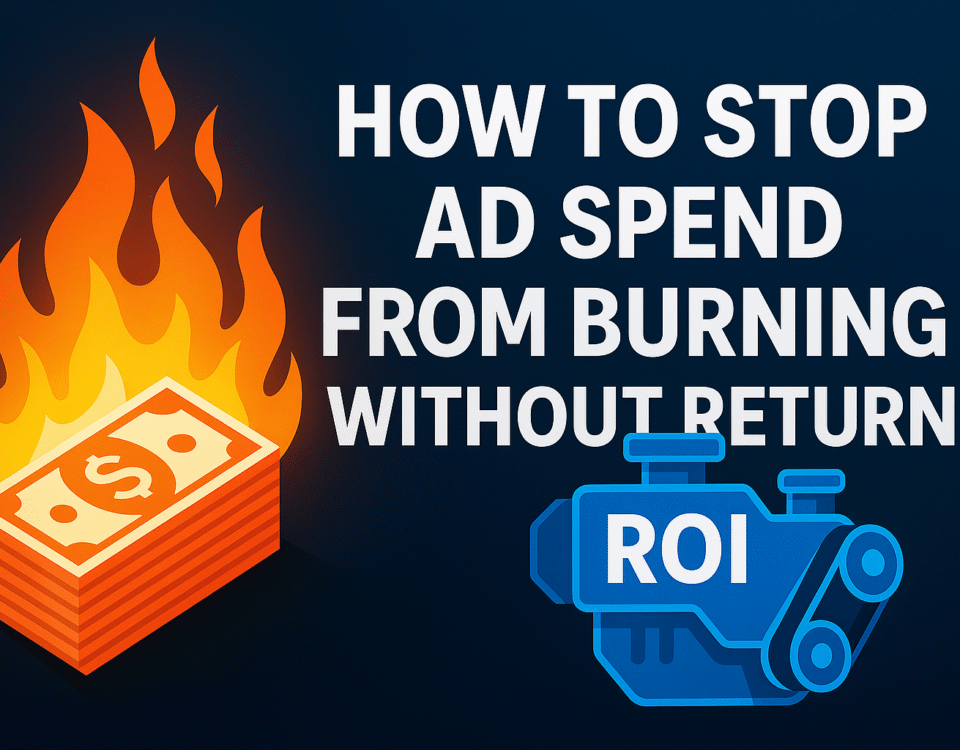 Hero image showing burning dollar bills on one side and a glowing ROI engine with graphs, arrows, and funnel icons on the other.
