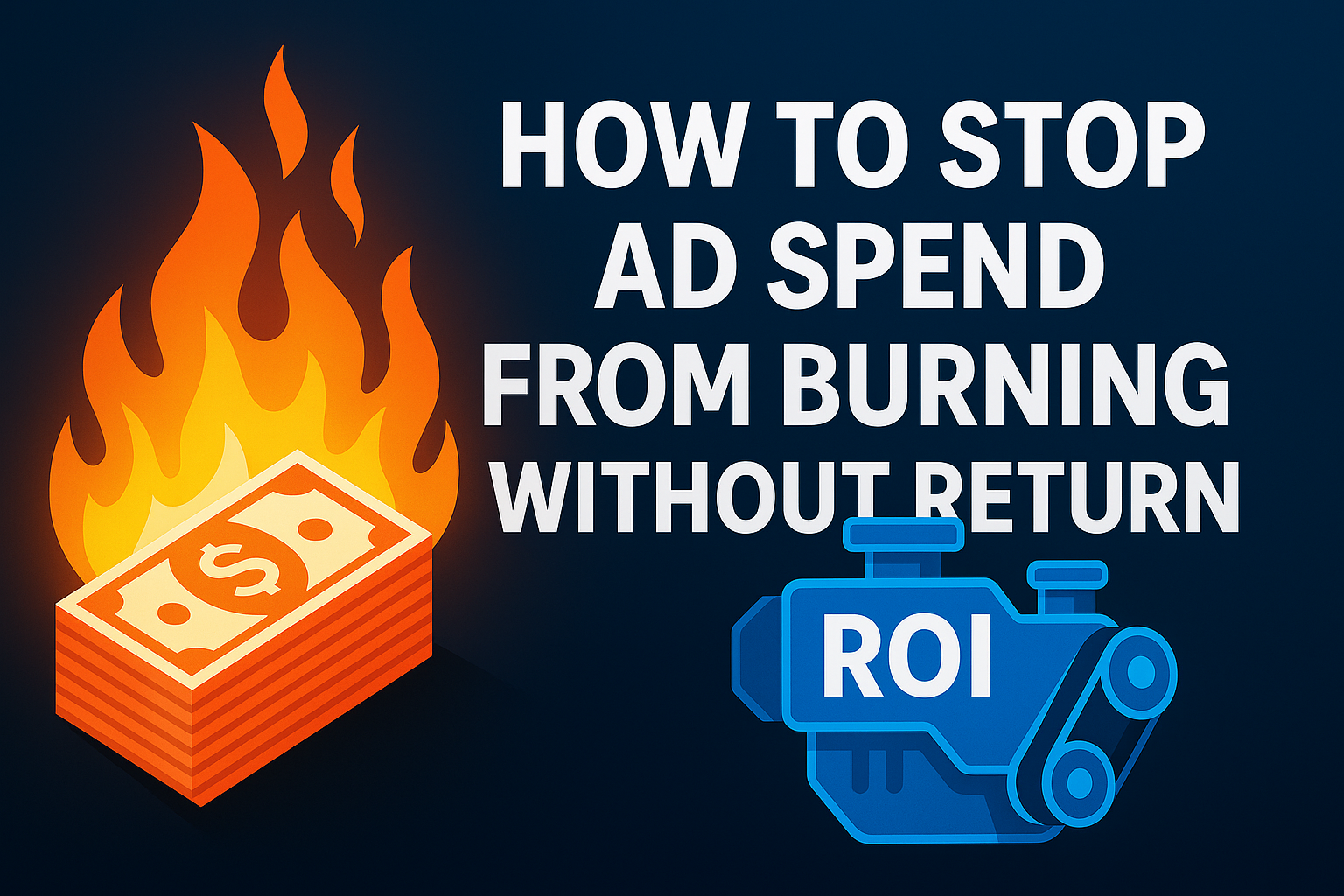 Hero image showing burning dollar bills on one side and a glowing ROI engine with graphs, arrows, and funnel icons on the other.