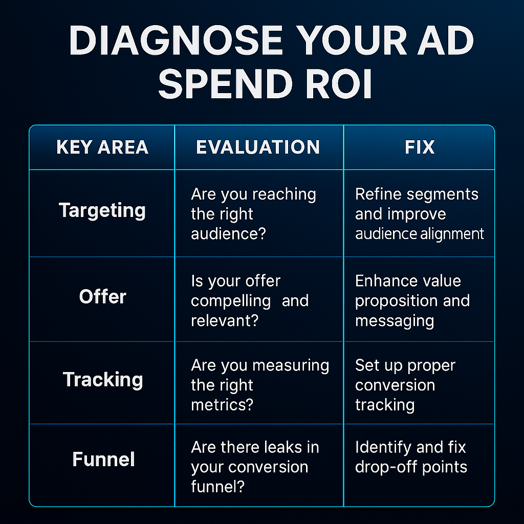 Infographic showing ad spend ROI framework with four areas: targeting, offer, tracking, and funnel, each with evaluation questions and fixes.