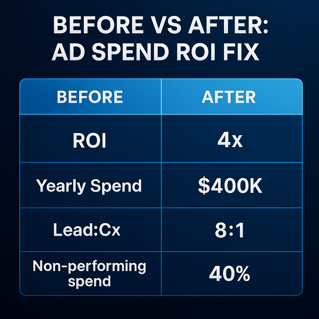 Case study infographic comparing ad spend ROI before and after fixes, showing improvements in ROI, yearly spend efficiency, lead conversion, and reduced waste.