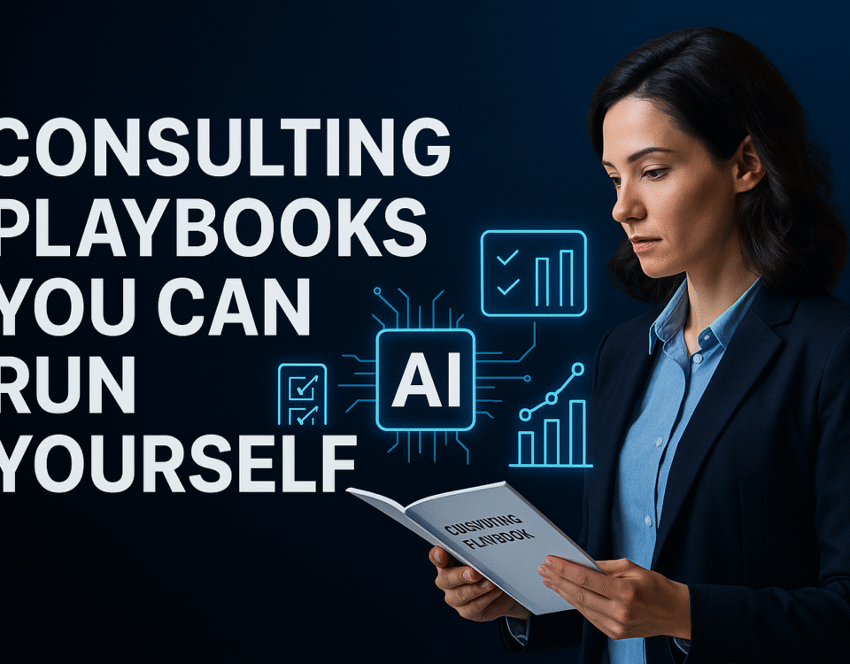 Hero image of a business professional reading a consulting playbook with AI-powered digital overlays of charts, benchmarks, and funnel icons.
