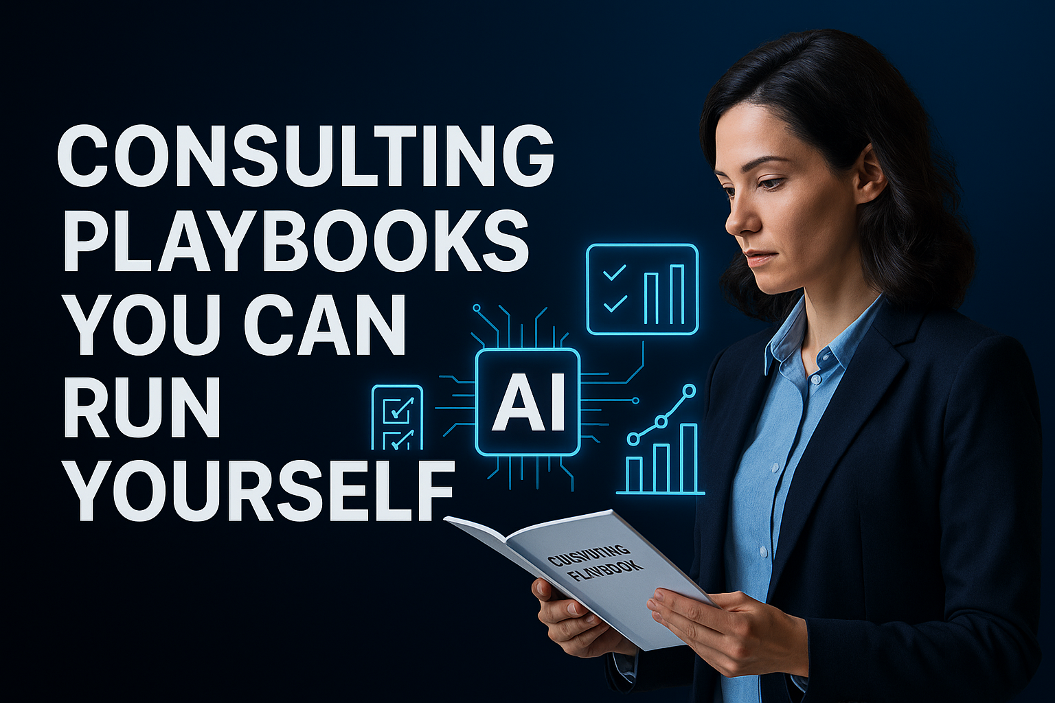 Hero image of a business professional reading a consulting playbook with AI-powered digital overlays of charts, benchmarks, and funnel icons.