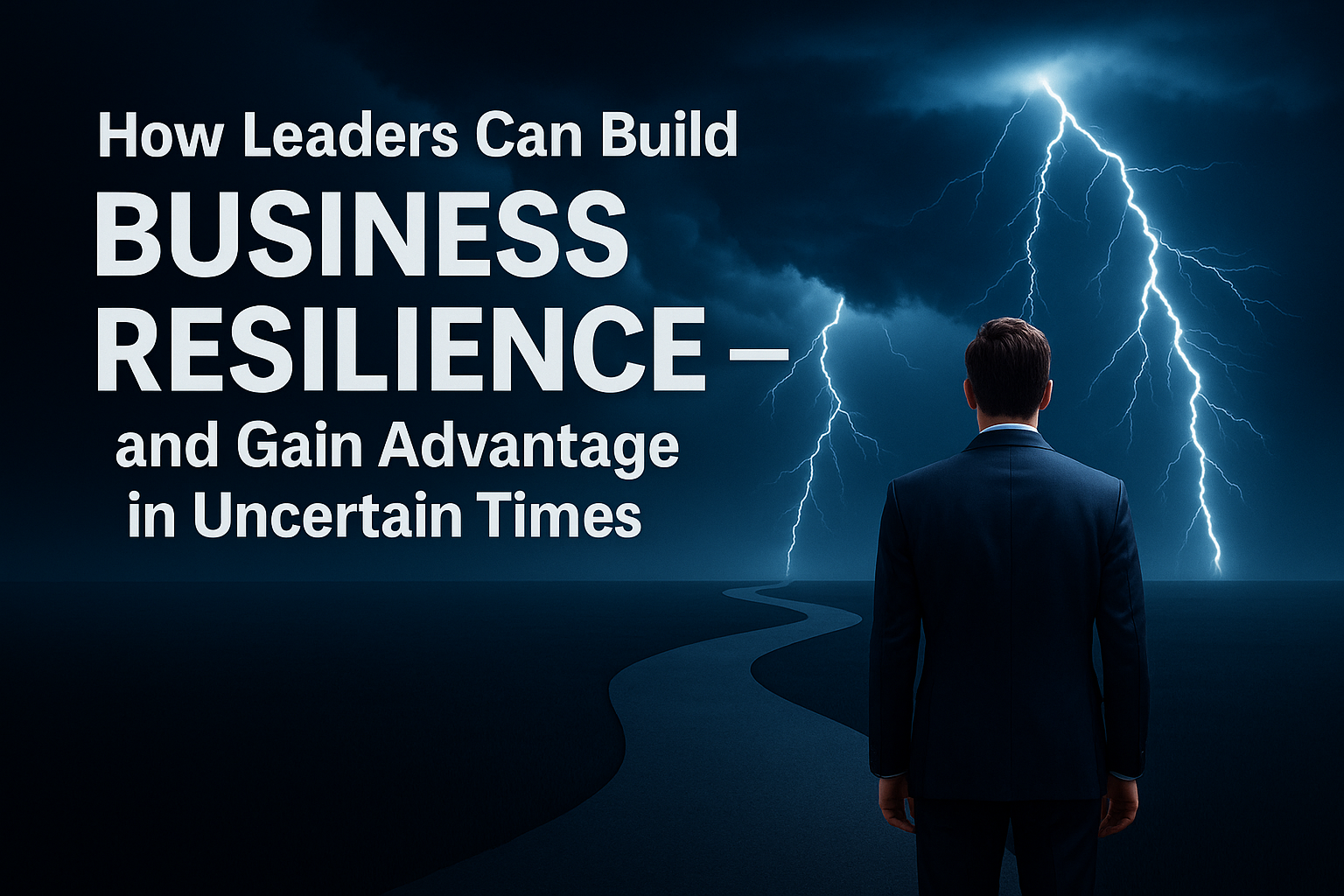 Business leader facing storm with lightning, symbolizing resilience and clarity in uncertain times.