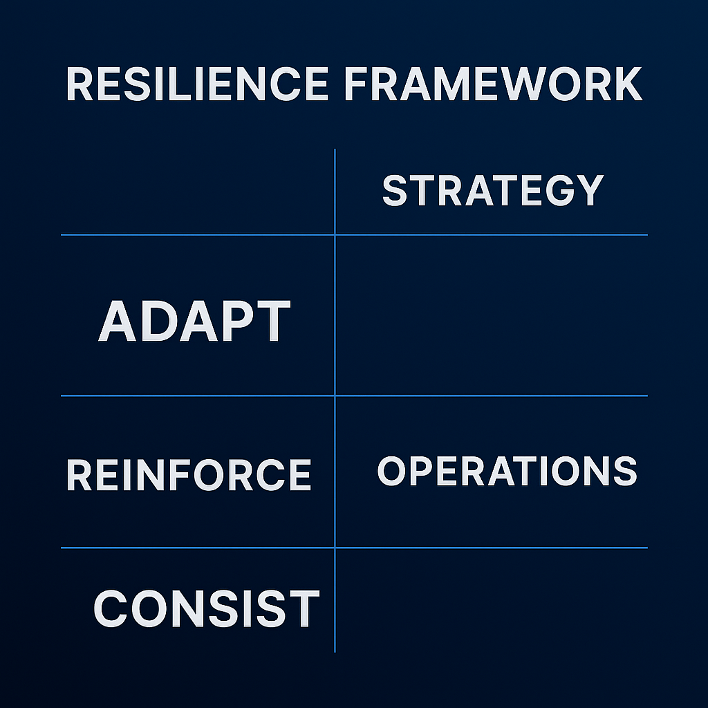 Infographic of a resilience framework showing strategy and operations dimensions with adapt, reinforce, and consist principles.