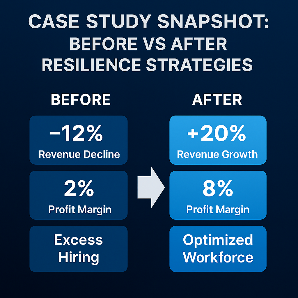 Infographic comparing business performance before and after resilience strategies, showing revenue growth, profit margin improvements, and workforce optimization.