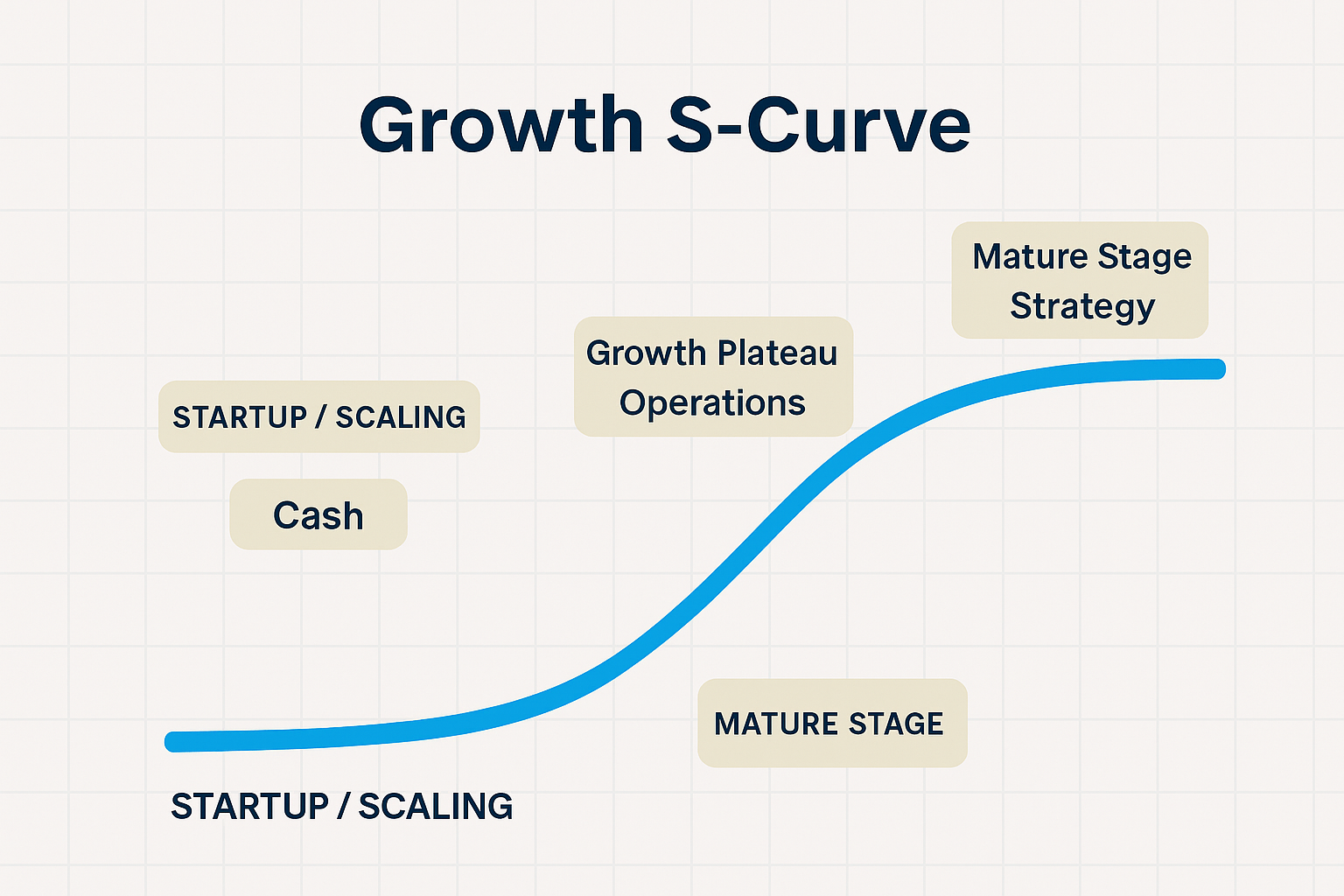 Infographic of the Growth S-Curve showing three phases: Startup/Scaling with focus on cash, Growth Plateau with focus on operations, and Mature Stage with focus on strategy.