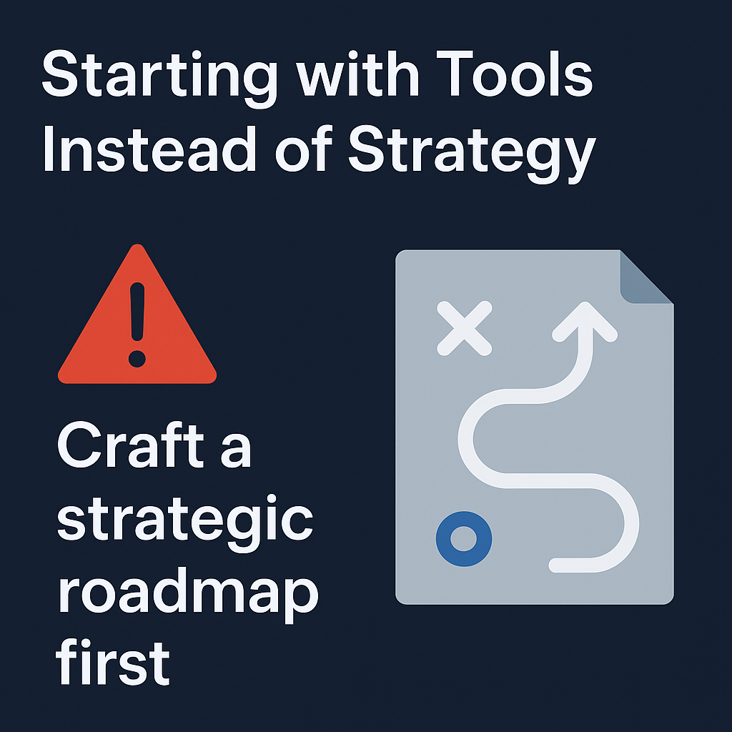 Infographic emphasizing the need for a strategic roadmap before AI adoption, with a red caution icon and a winding roadmap illustration.