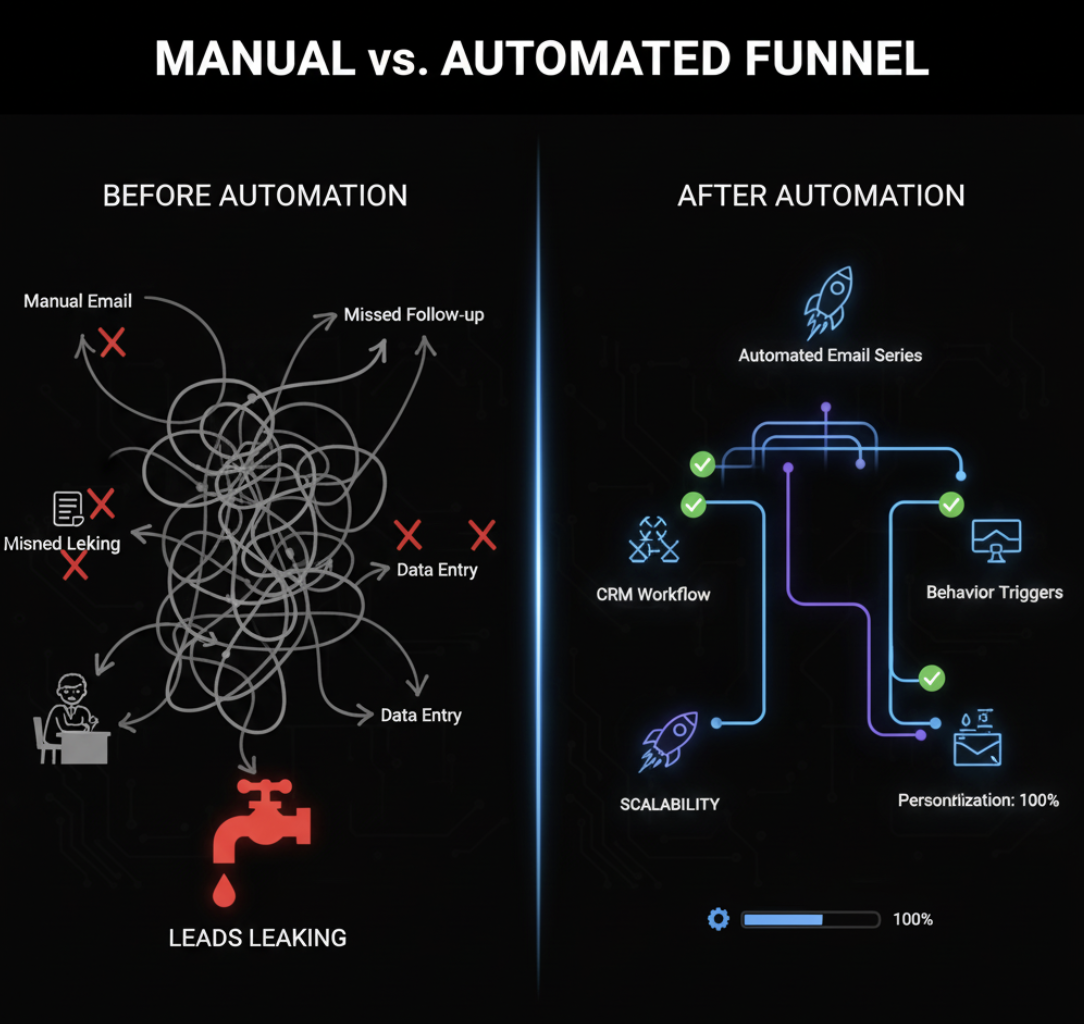 Comparison of manual funnel management versus automated funnel workflows
