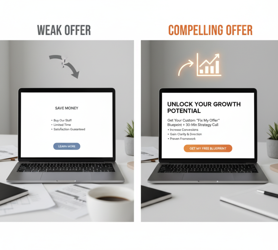 Comparison of weak vs. strong offer examples in a sales funnel