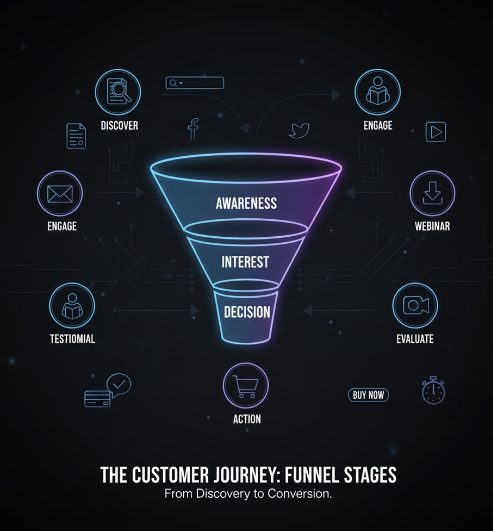Customer journey mapped to digital marketing funnel stages