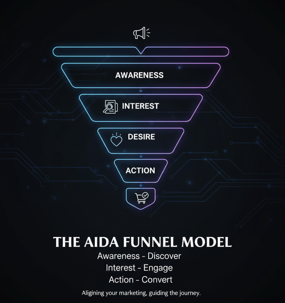 Customer journey stages mapped onto the AIDA funnel model