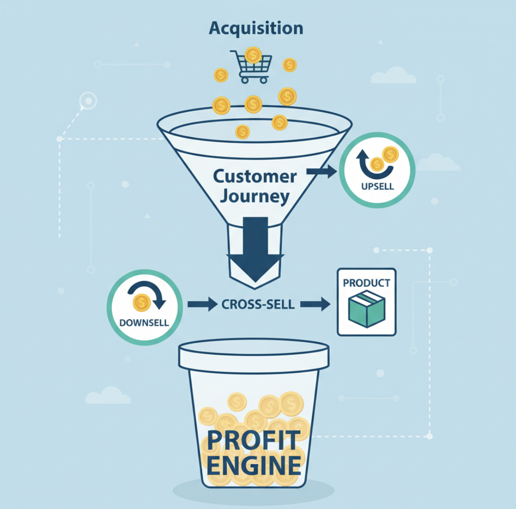 Customer journey with upsell and cross-sell options illustrated