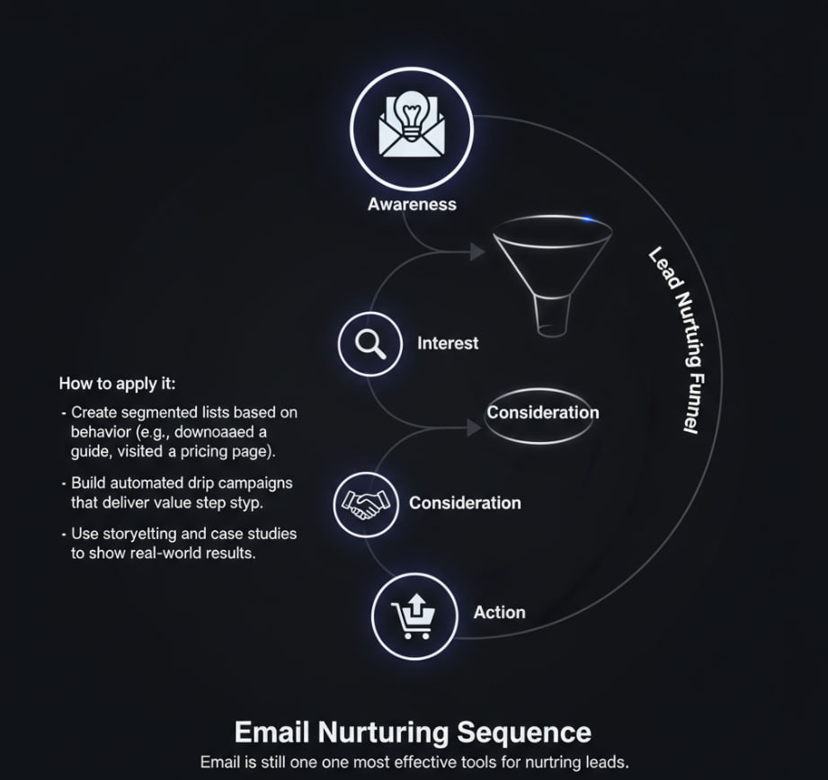 Example of an automated email nurturing sequence with stages mapped to funnel