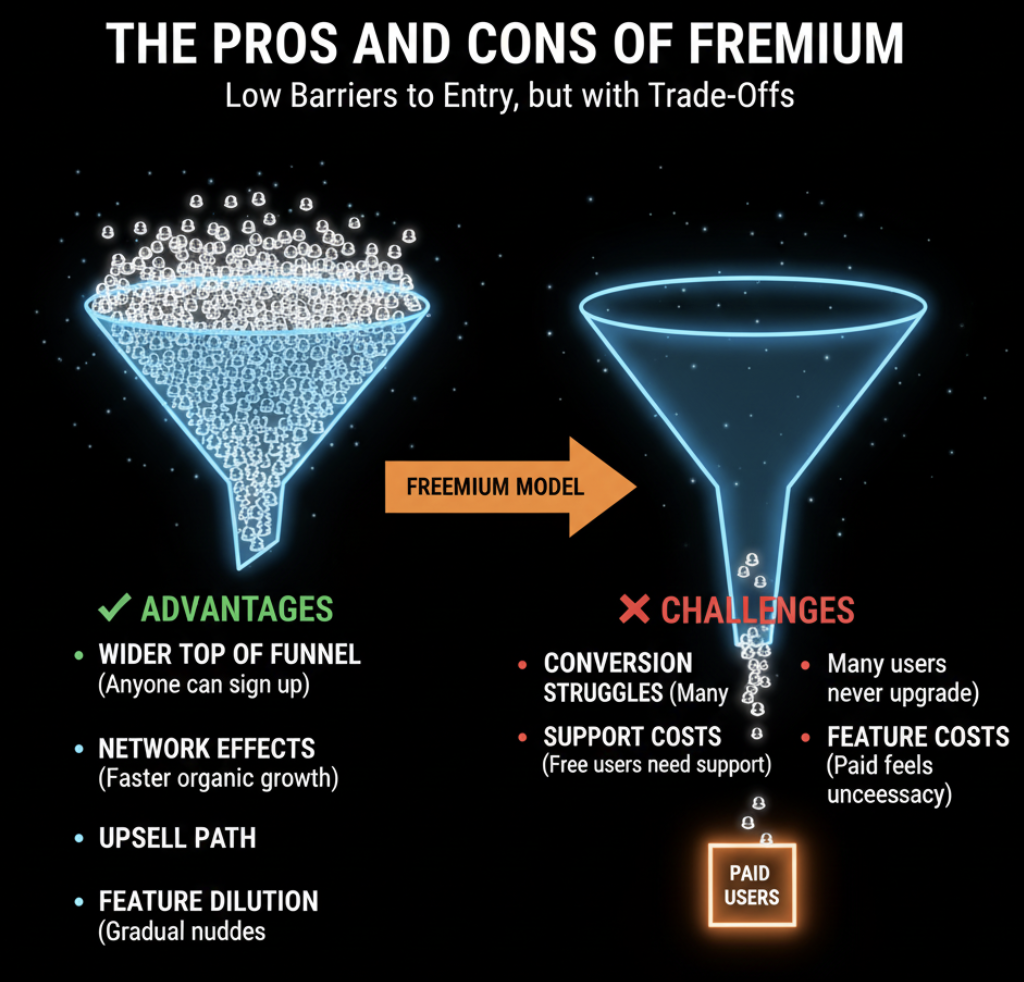Freemium funnel showing large user base with smaller paid conversion rate