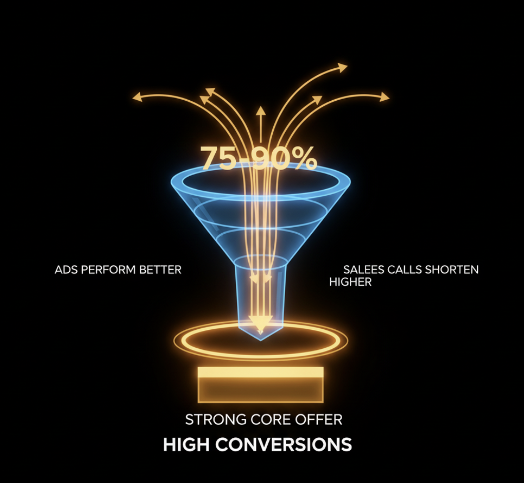 Funnel graphic showing higher conversion rates when core offer is optimized
