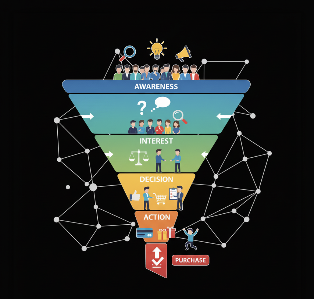Illustration of a sales funnel stages awareness, interest, decision, action