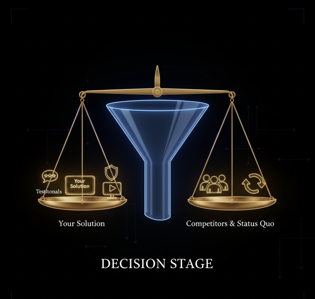 Lower part of marketing funnel with decision stage showing testimonials and pricing icons