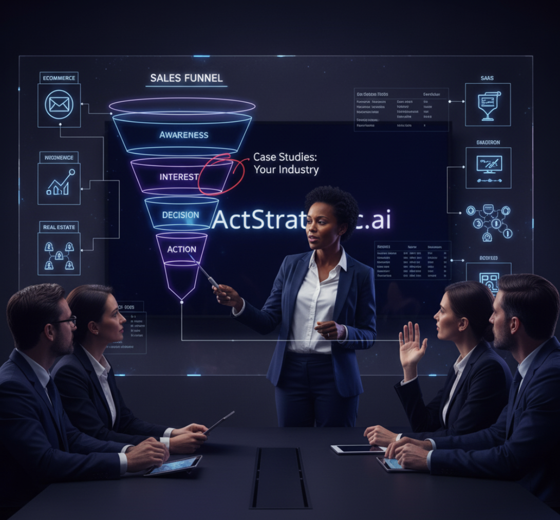 Marketing consultant presenting a sales funnel strategy to a business team