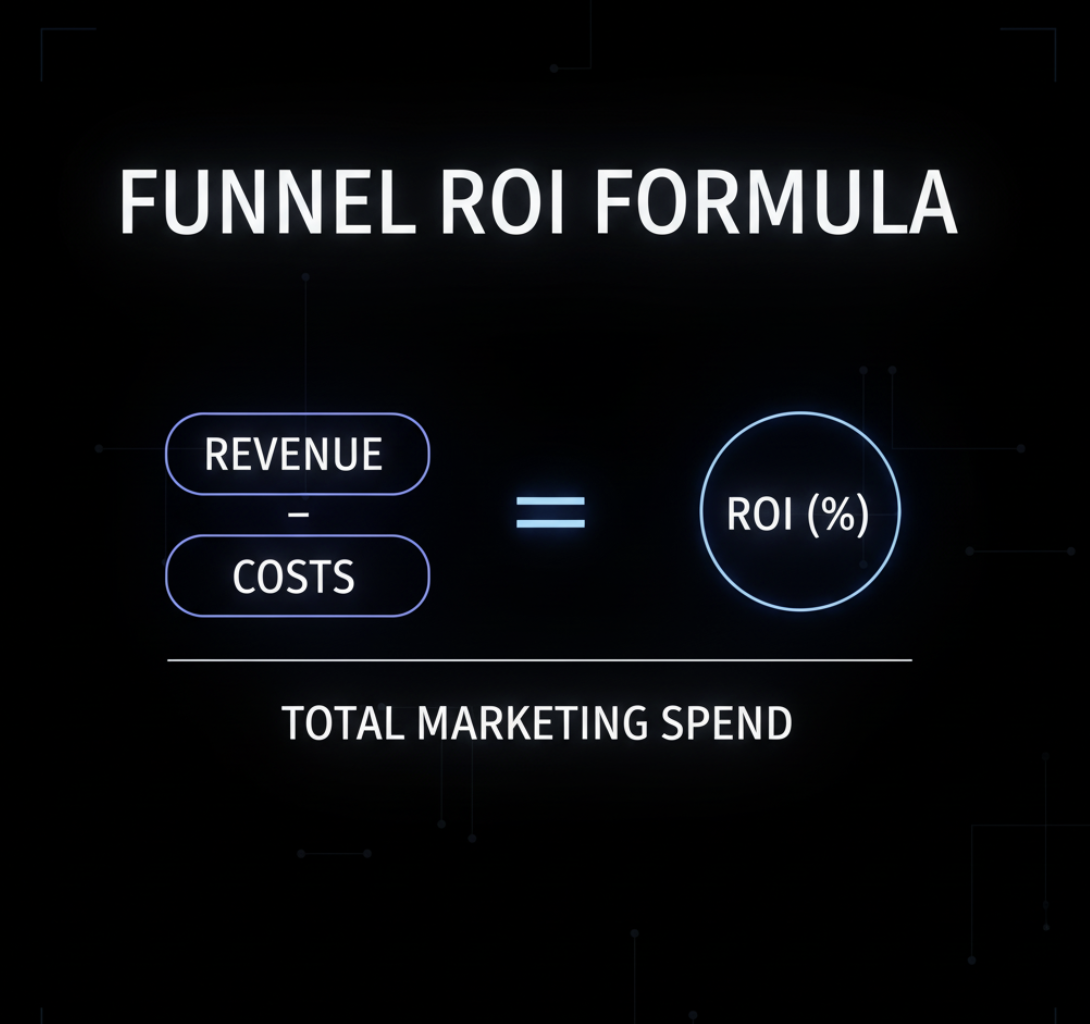 Marketing funnel ROI formula showing revenue minus costs over total marketing spend