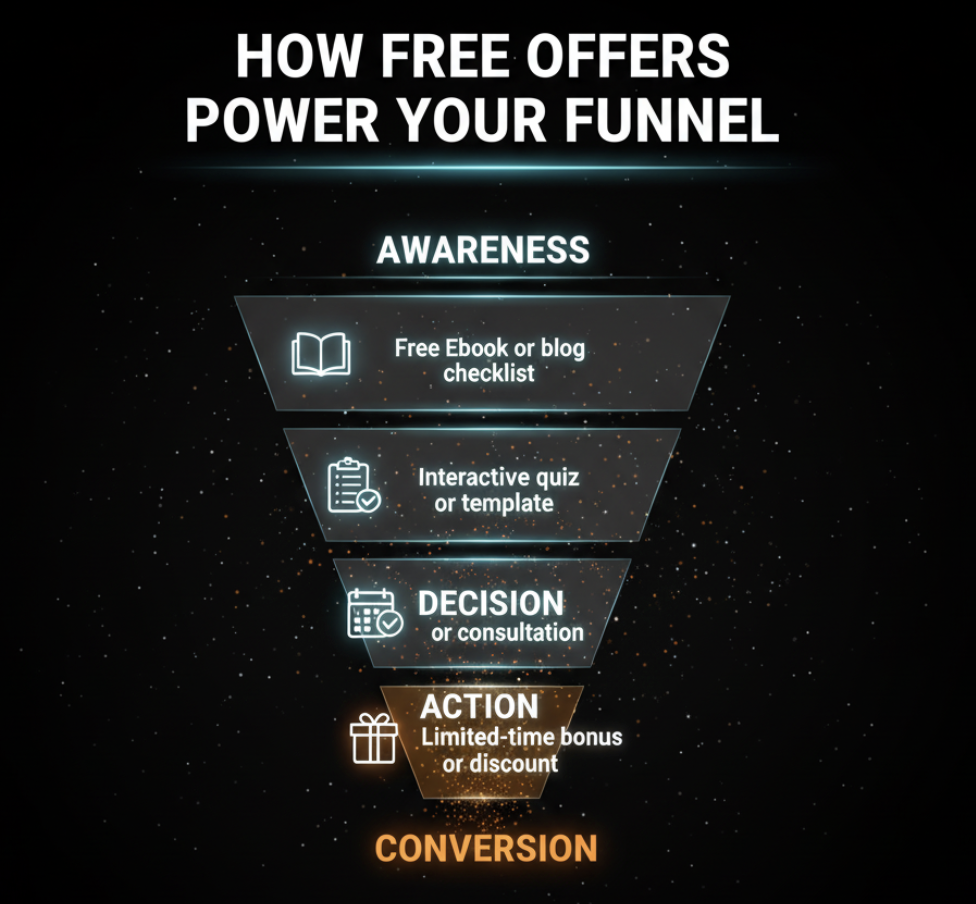 Sales funnel stages with free offers mapped to each stage of lead generation