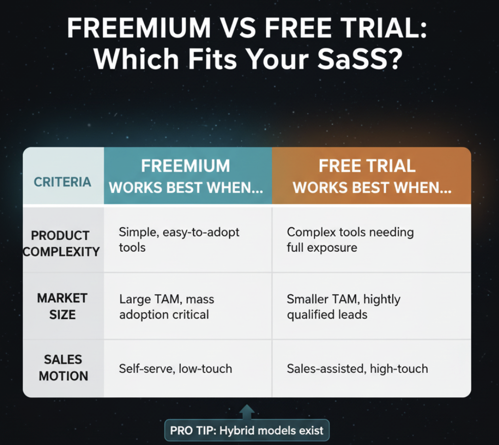 Side-by-side SaaS offer comparison between freemium and free trial