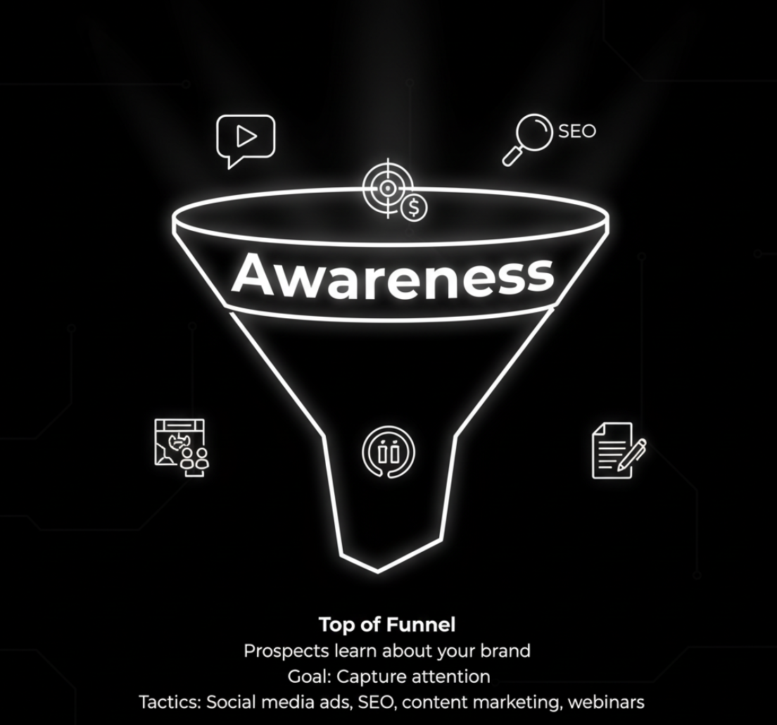 Top of marketing funnel showing awareness stage with social media and content icons
