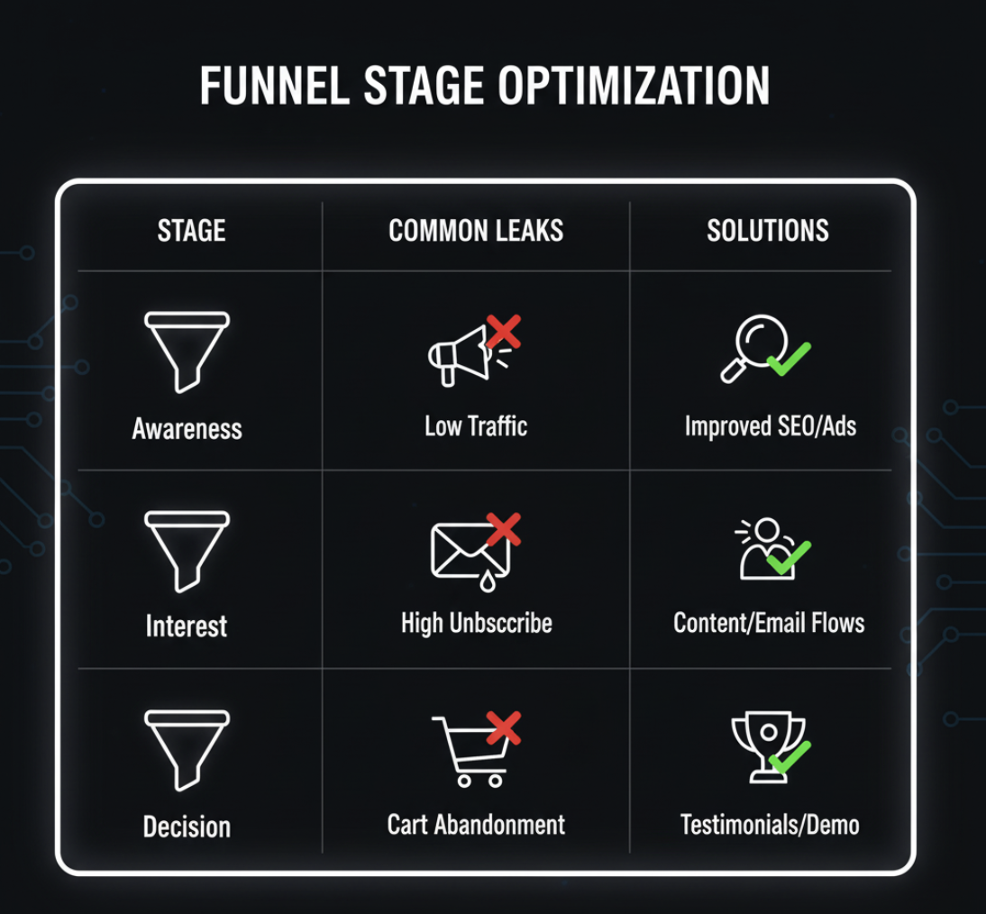 Visual breakdown of funnel stages with common leaks and solutions