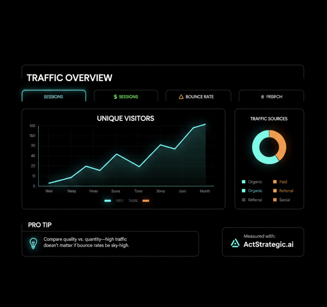 Website traffic dashboard graph showing visitor growth trend
