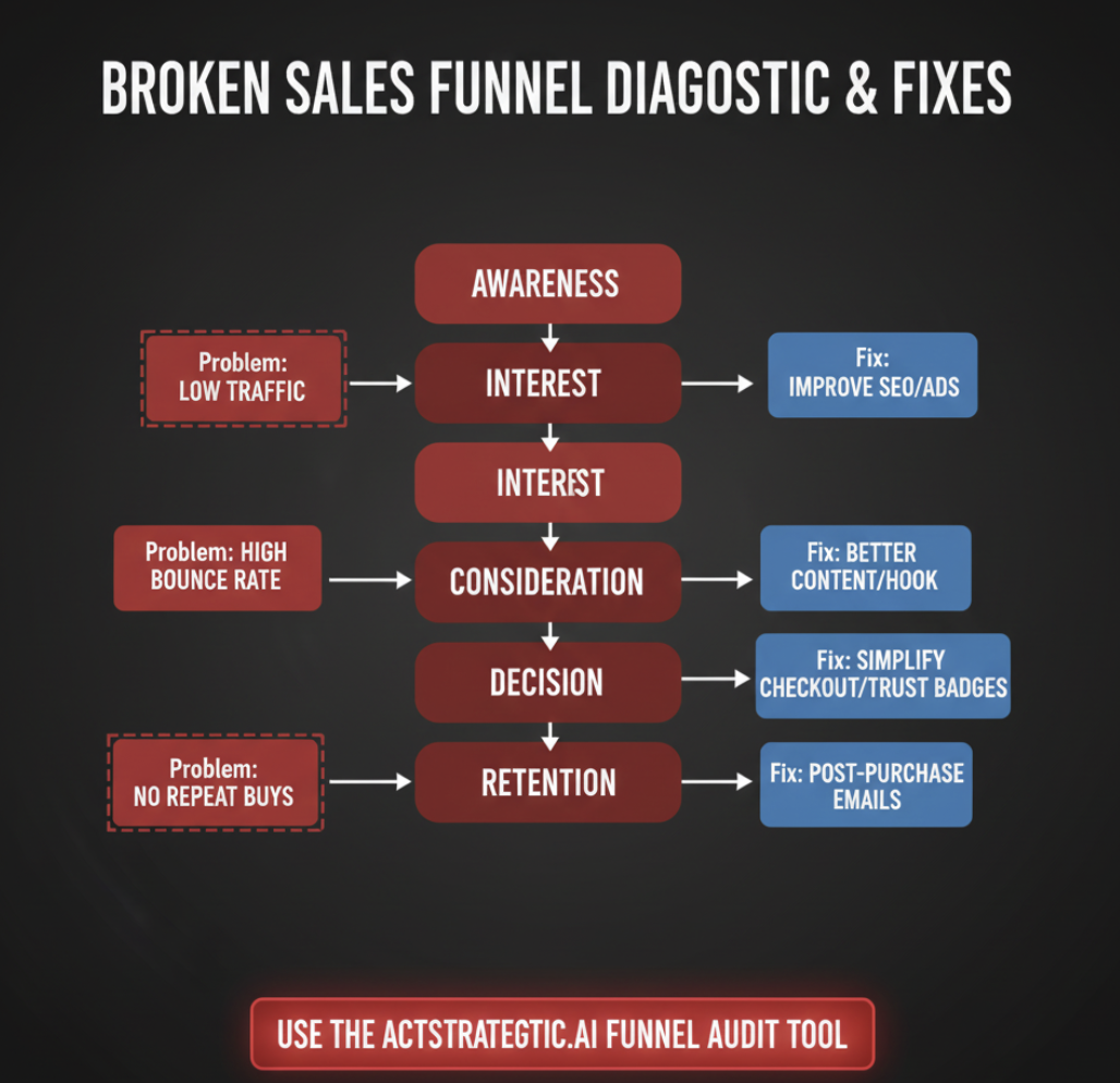 broken funnel flowchart with potential fixes