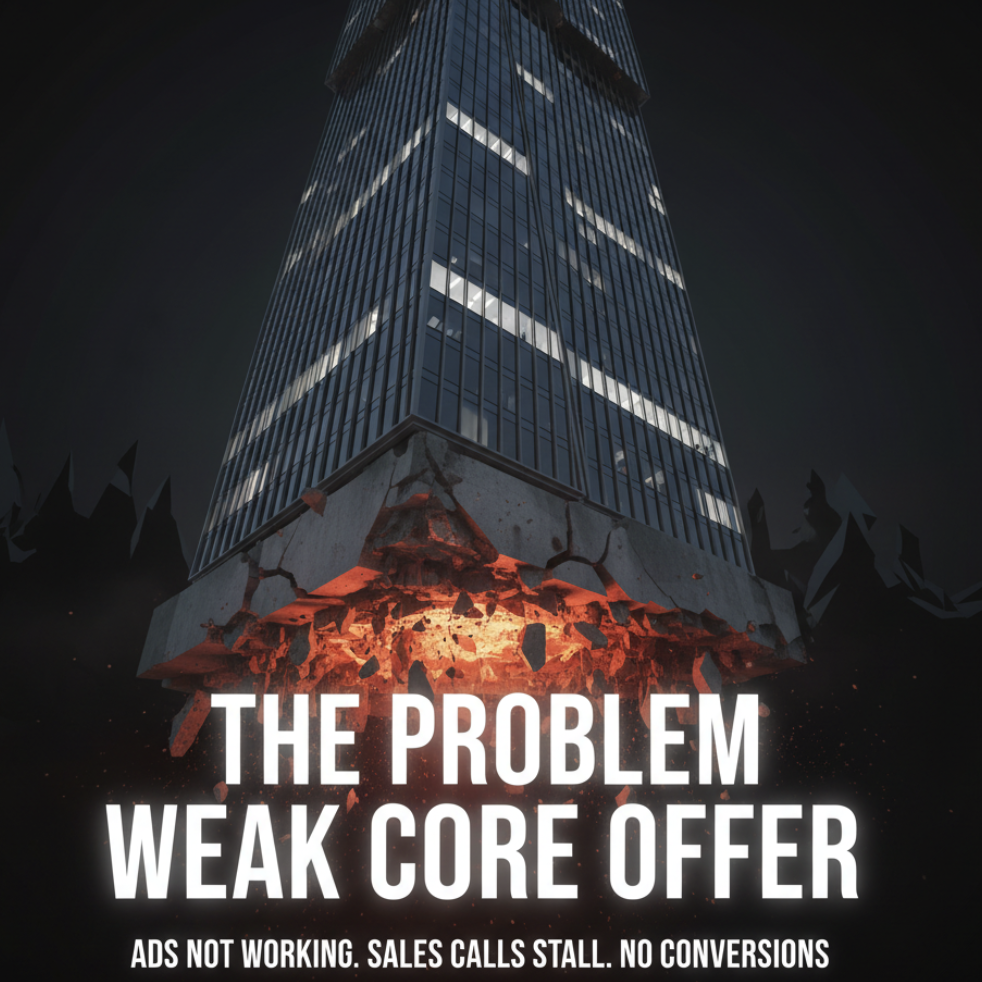 business building with cracked foundation representing weak core offer