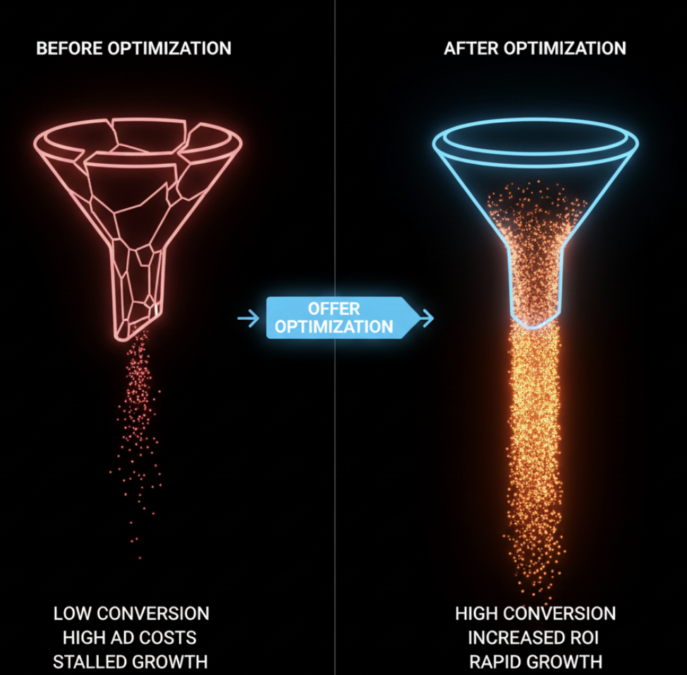 comparison chart showing a low-conversion funnel vs. a high-conversion funnel after offer optimization